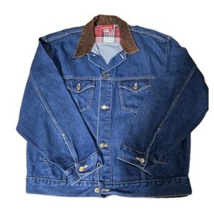 Marlboro Country Store Denim Jean Jacket Vintage XL Leather Collar Bomber Mens